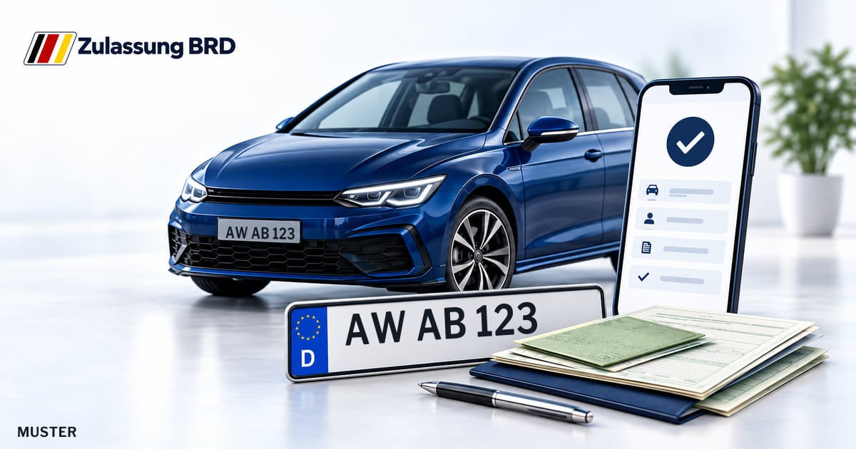 Online Fahrzeugzulassung in Grafschaft: Musterkennzeichen AW AB 123, Auto und Fahrzeugpapiere und Smartphone. Illustration mit Logo von Zulassung BRD.